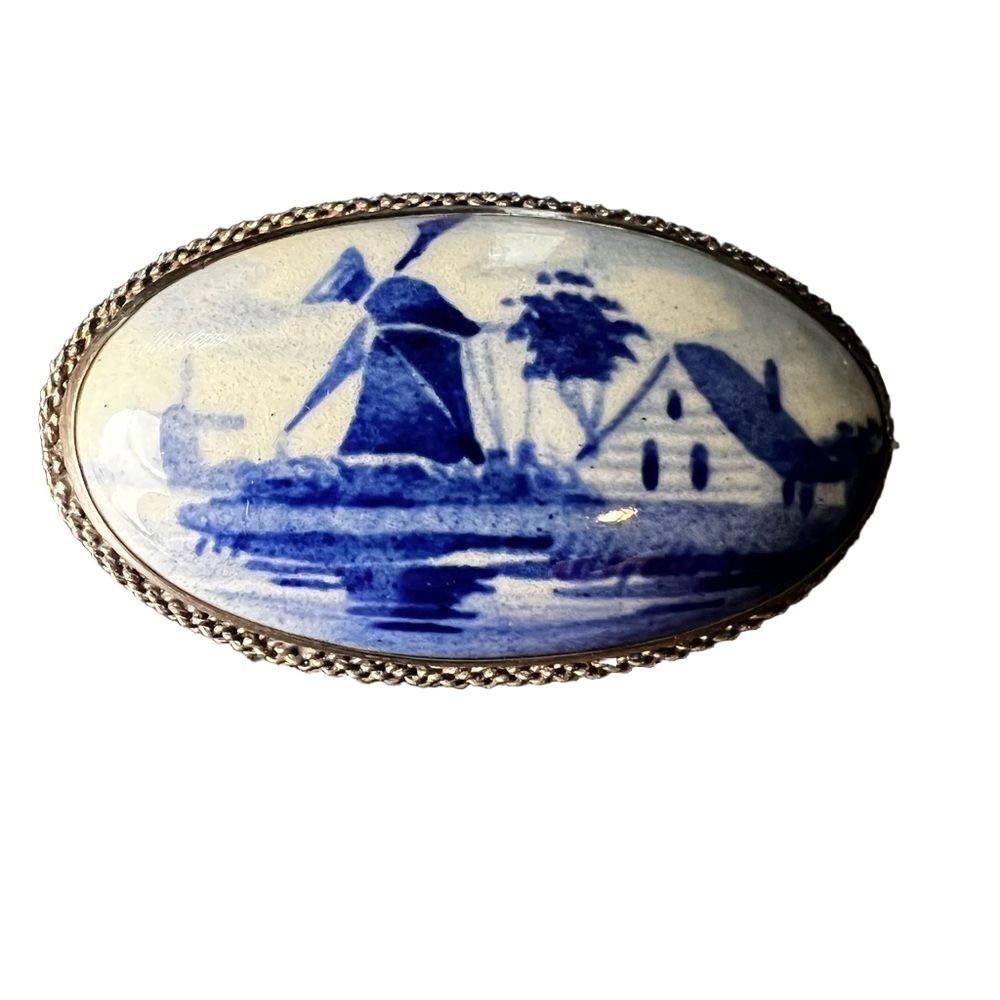 Vintage Delft Holland Blue and White Windmill Pin Brooch on Silver tone backing